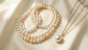 Elegant Bahrain pearl necklace classic styles displayed on a jewelry stand, showcasing timeless designs