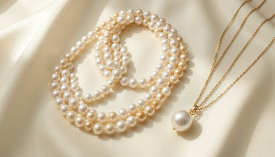 Elegant Bahrain pearl necklace classic styles displayed on a jewelry stand, showcasing timeless designs