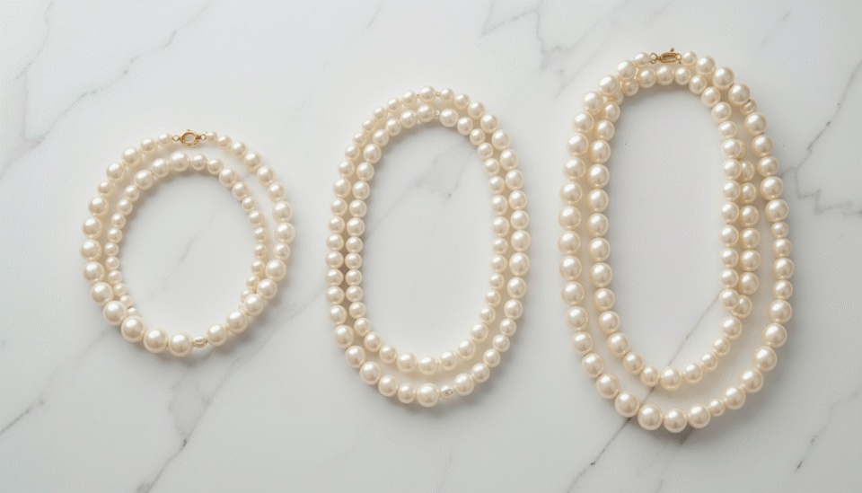 Bahraini pearl necklaces in different lengths including choker and princess styles displayed on a white stand