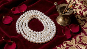 Traditional Bahraini pearl necklace on gold velvet with Arabic cultural motifs in the background