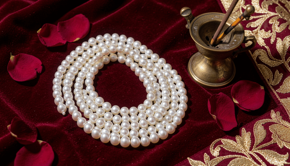 Traditional Bahraini pearl necklace on gold velvet with Arabic cultural motifs in the background