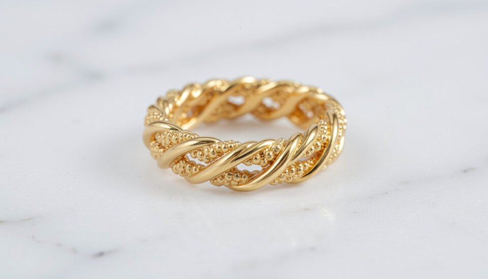 Luxury gold ring with Bahraini artisan filigree craftsmanship on white background