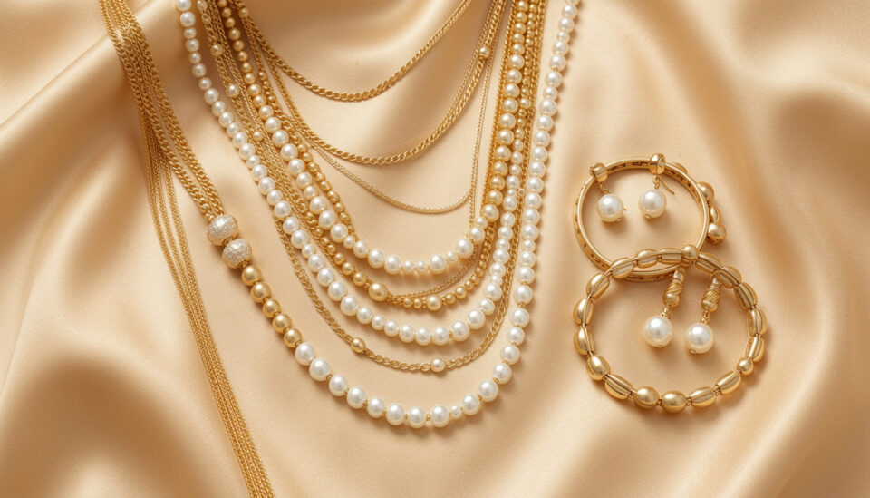 Elegant Bahraini woman layering gold jewelry sets with pearls and modern chic style