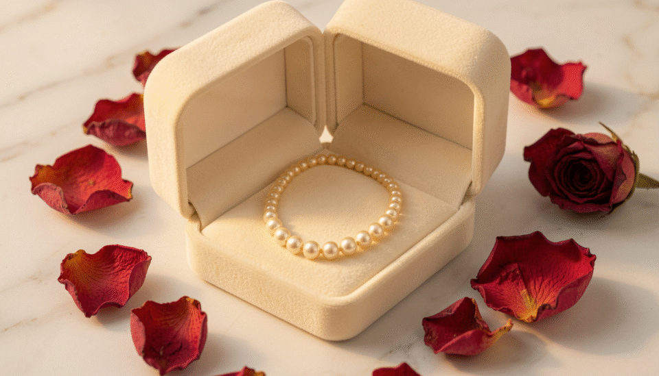 Elegant gold and pearl necklace in a velvet jewelry box, perfect as a wedding gift in Bahrain