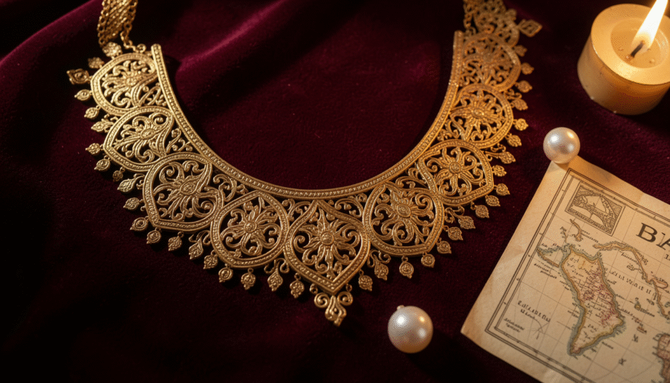 Ornate Bahraini gold necklace with traditional filigree design displayed on dark velvet, reflecting the history of gold jewelry in Bahrain