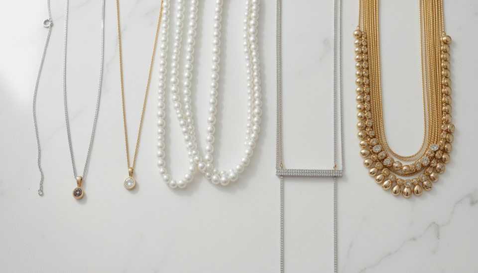 A flat lay of necklaces ranging from simple silver chains to diamond and pearl luxury pieces on white background