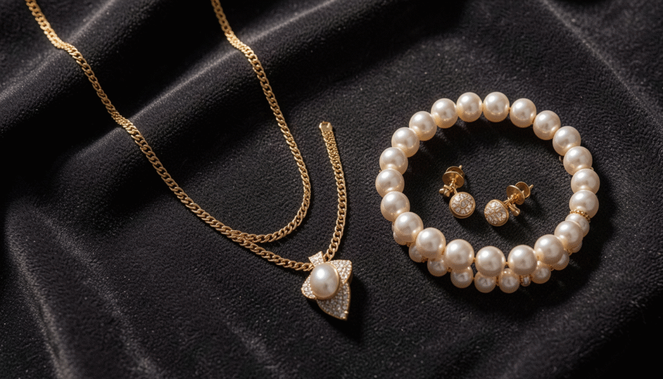 High-karat Bahraini gold jewelry set with pearls displayed as investment pieces on dark velvet