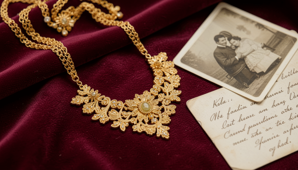 Bahraini gold necklace displayed on velvet cloth as a family heirloom piece
