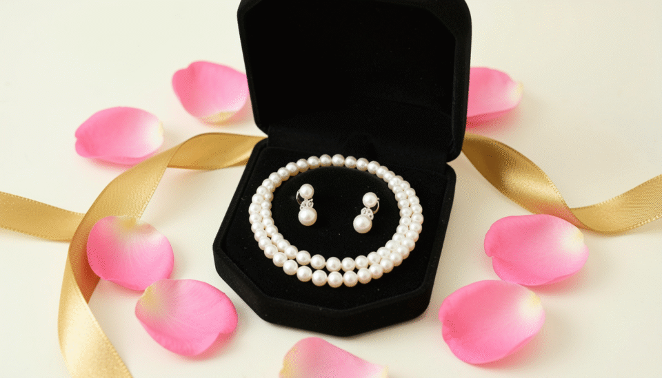 Beautiful pearl jewelry gift set in an elegant box including necklace and earrings for a Bahraini occasion