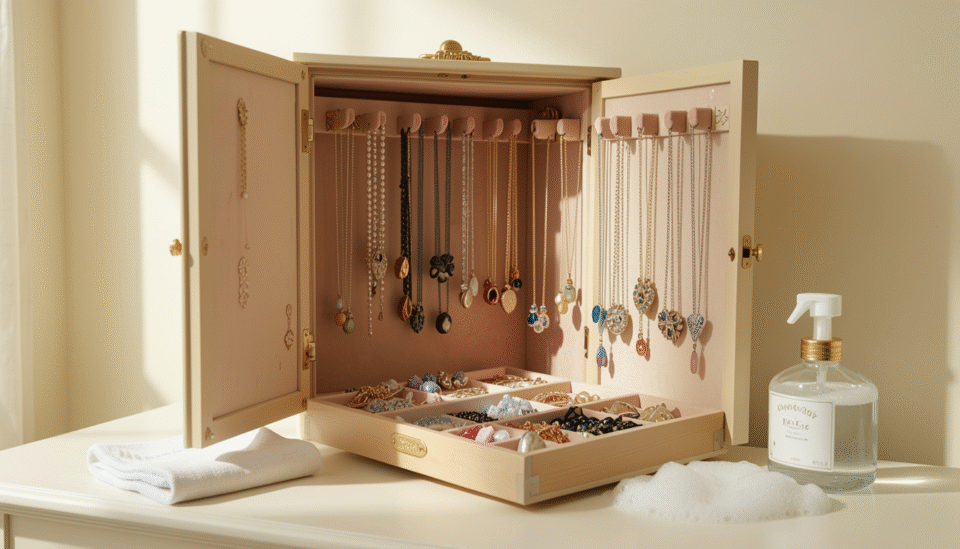 An organized jewelry armoire with necklaces hanging neatly on individual hooks, showing proper necklace storage and maintenance