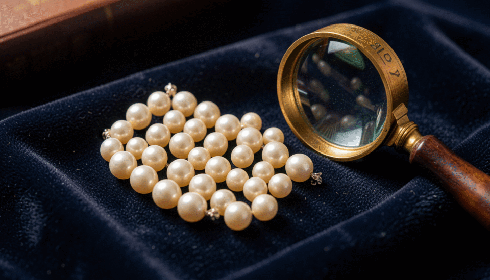 Close-up of natural Bahraini pearls being graded by luster, size and surface quality on a dark velvet board