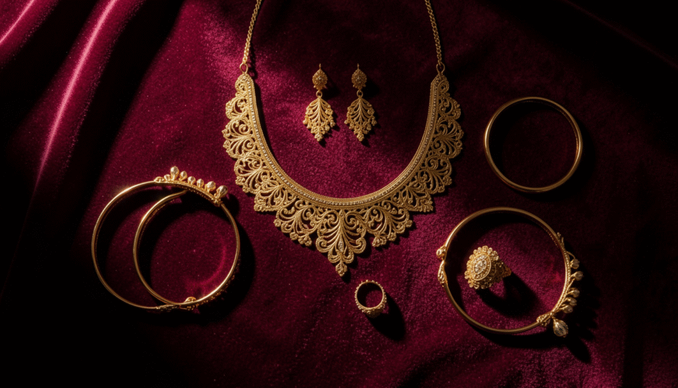A complete gold bridal jewelry set including necklace, earrings and bangles arranged on velvet for a Bahrain wedding