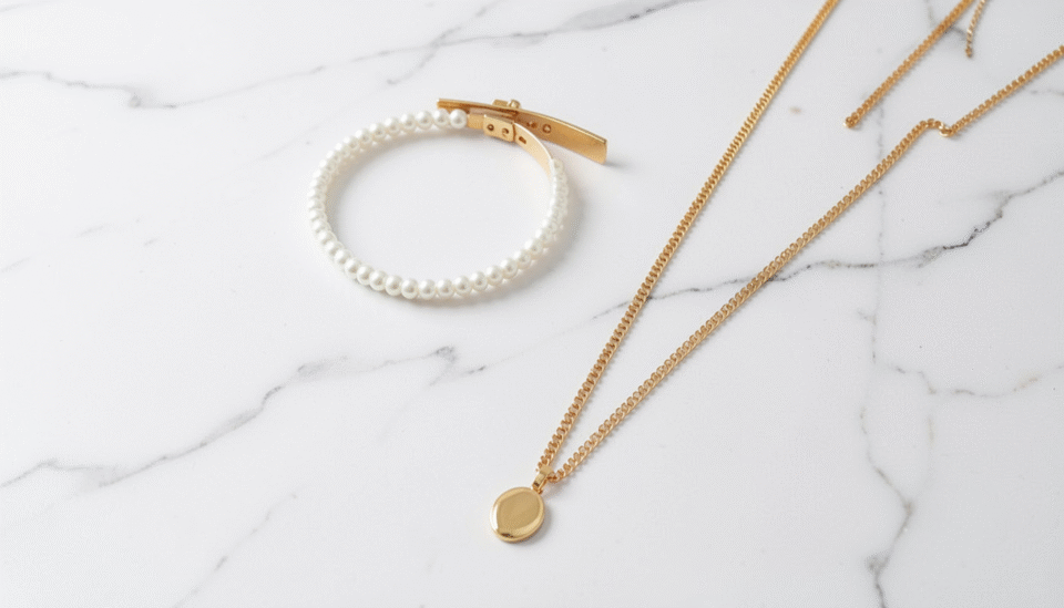 Side-by-side comparison of a short choker pearl necklace and a long gold opera necklace displayed on a neutral background