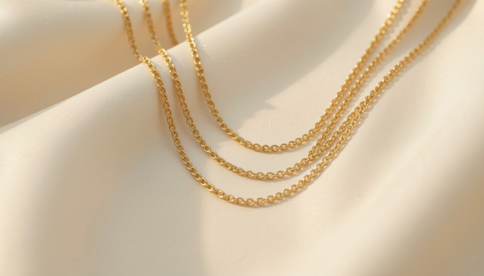 Three layered delicate gold necklaces at different lengths styled on a woman's collarbone