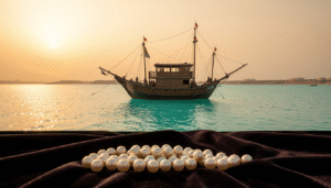 Traditional Bahraini pearl diving dhow boat on calm Gulf waters at golden hour
