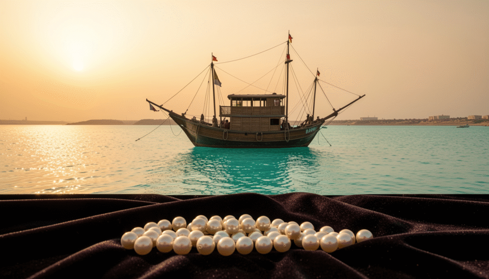 Traditional Bahraini pearl diving dhow boat on calm Gulf waters at golden hour