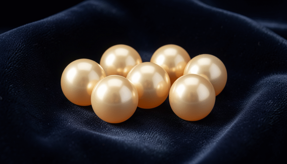 Close-up of lustrous natural Bahrain pearls with warm golden glow on a dark velvet surface