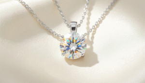Luxury diamond pendant necklace on a white gold chain displayed on white satin