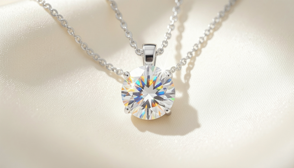 Luxury diamond pendant necklace on a white gold chain displayed on white satin