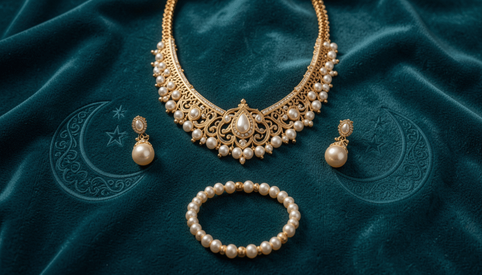 A luxurious Bahraini gold and pearl jewelry set with necklace earrings and bracelet laid on deep teal velvet for Eid celebration