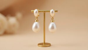 Elegant pearl and gold drop earrings on a gold jewelry display stand with warm lighting