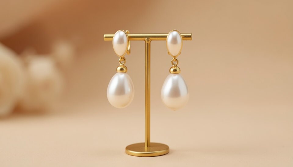 Elegant pearl and gold drop earrings on a gold jewelry display stand with warm lighting