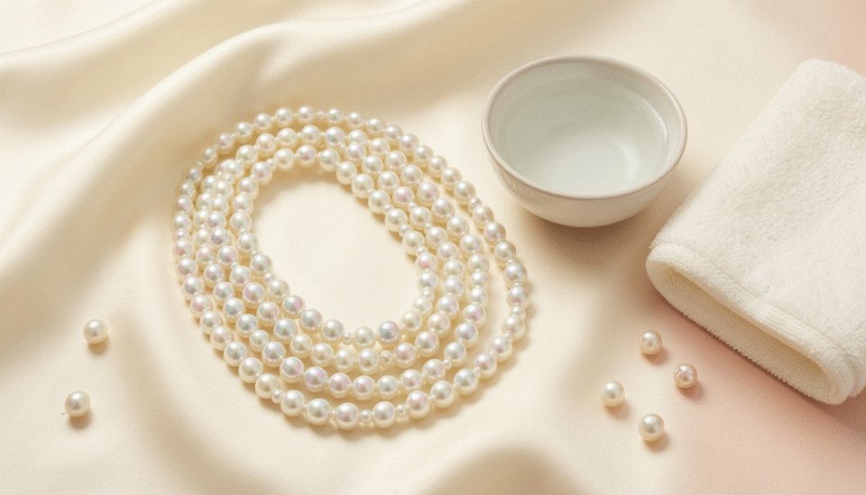 Bahraini pearl necklace being gently cleaned with a soft cloth to preserve its luster and shine