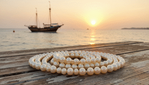 Traditional Bahraini pearl diving heritage displayed alongside lustrous natural pearl necklace jewelry