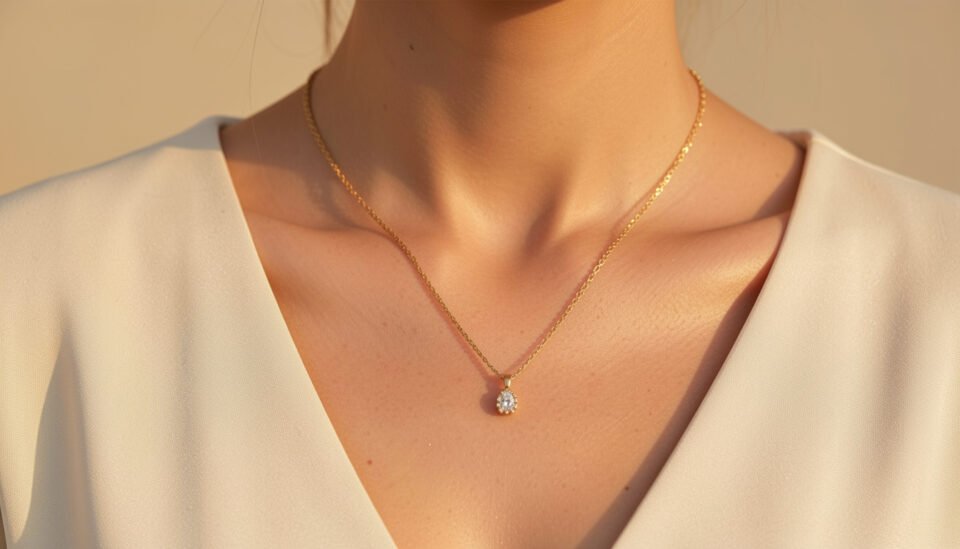 Woman wearing the right necklace for her neckline with gold pendant chain against a warm background