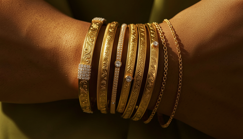 Stacked gold bangles and bracelets styled the Bahraini way on a woman's wrist with traditional and modern pieces