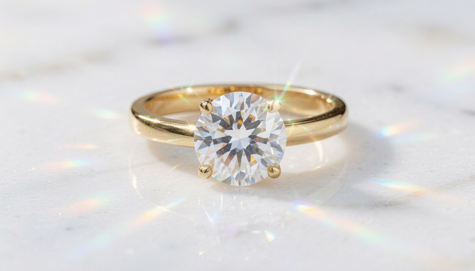 Elegant diamond solitaire ring in Bahrain set in gold displayed on white marble with soft jewelry lighting