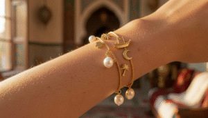 Gold charm bracelet with Bahraini motifs including a pearl, date palm and dhow charm on a wrist