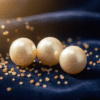 Close-up of lustrous authentic Bahrain natural pearls on a dark velvet surface with soft pearl glow