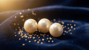Close-up of lustrous authentic Bahrain natural pearls on a dark velvet surface with soft pearl glow