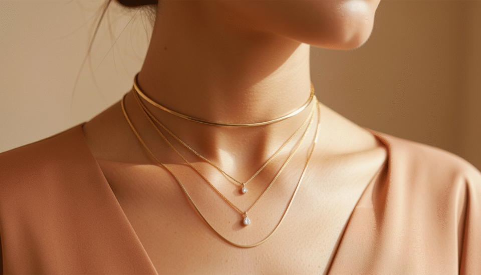 Layered gold necklace styling on Bahraini woman showing multiple chain lengths