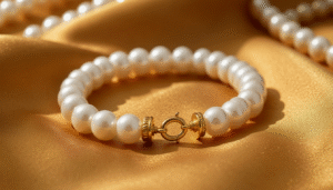 Elegant pearl bracelet for women on a gold fabric background, classic Bahraini style