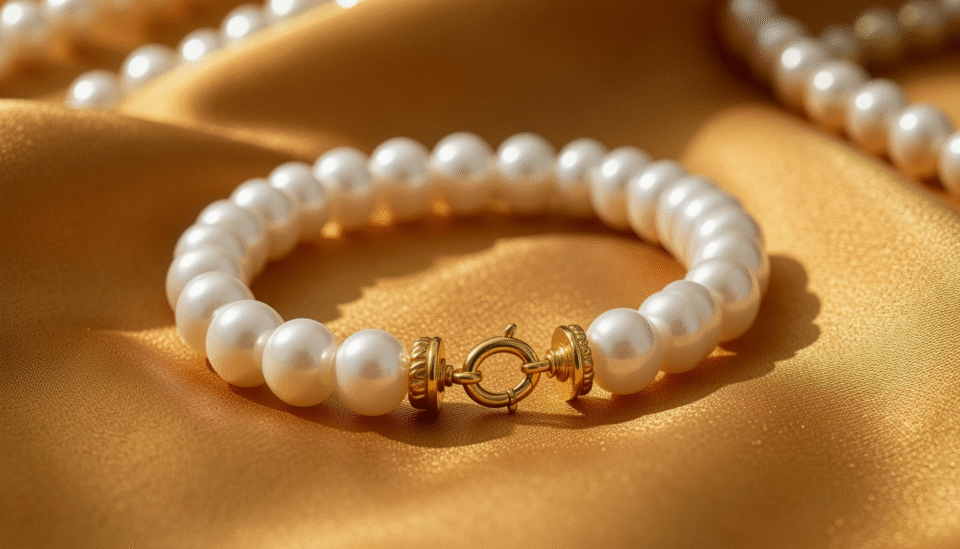 Elegant pearl bracelet for women on a gold fabric background, classic Bahraini style