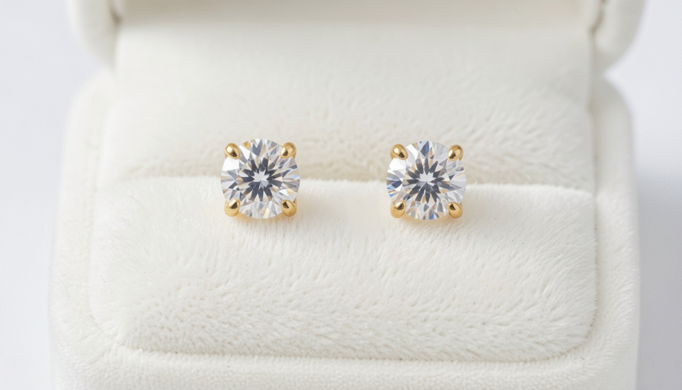 Elegant diamond stud earrings for women displayed on a white velvet jewelry stand in Bahrain