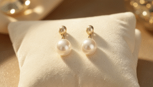 Elegant pearl drop earrings with gold setting displayed on a soft cream velvet surface