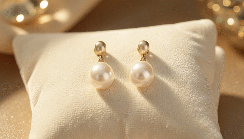 Elegant pearl drop earrings with gold setting displayed on a soft cream velvet surface