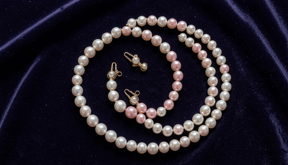 Complete pearl jewelry set with necklace earrings and bracelet on dark velvet display
