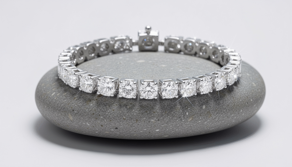 Diamond tennis bracelet in white gold setting displayed on a neutral luxury background in Bahrain