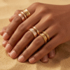 Woman styling multiple stackable rings on her fingers the Bahraini way with gold and rose gold bands