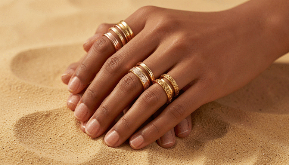 Woman styling multiple stackable rings on her fingers the Bahraini way with gold and rose gold bands