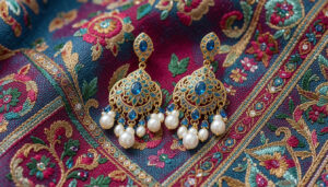 Elegant gold and pearl chandelier earrings styled with traditional Bahraini jalabiya fabric in rich jewel tones