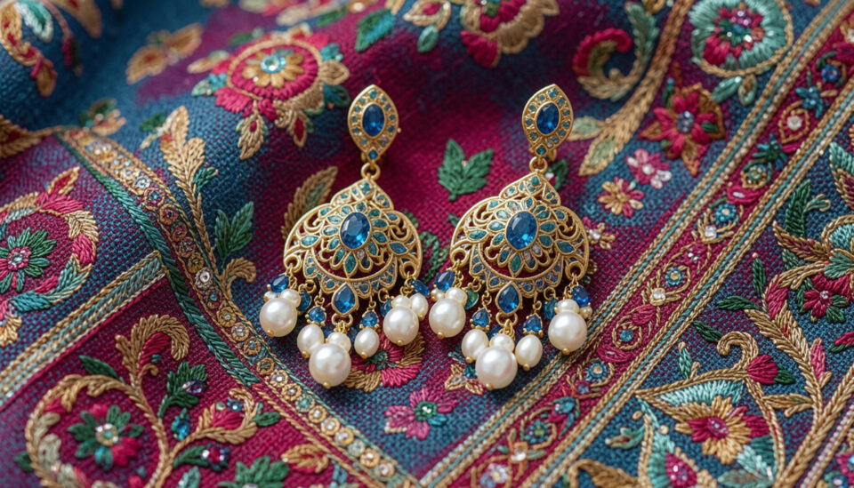 Elegant gold and pearl chandelier earrings styled with traditional Bahraini jalabiya fabric in rich jewel tones