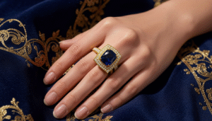 Bold statement ring with large colored gemstone worn by a woman with a traditional Gulf fashion background