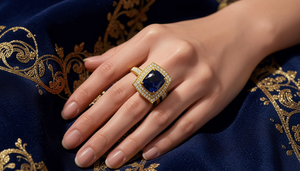 Bold statement ring with large colored gemstone worn by a woman with a traditional Gulf fashion background