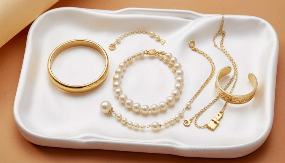 A selection of gold and pearl bracelets on a white jewelry display tray as meaningful gifts in Bahrain