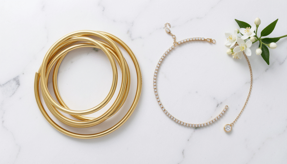 Bangle vs chain bracelet comparison on a white marble surface showing gold stacked bangles beside a diamond tennis bracelet